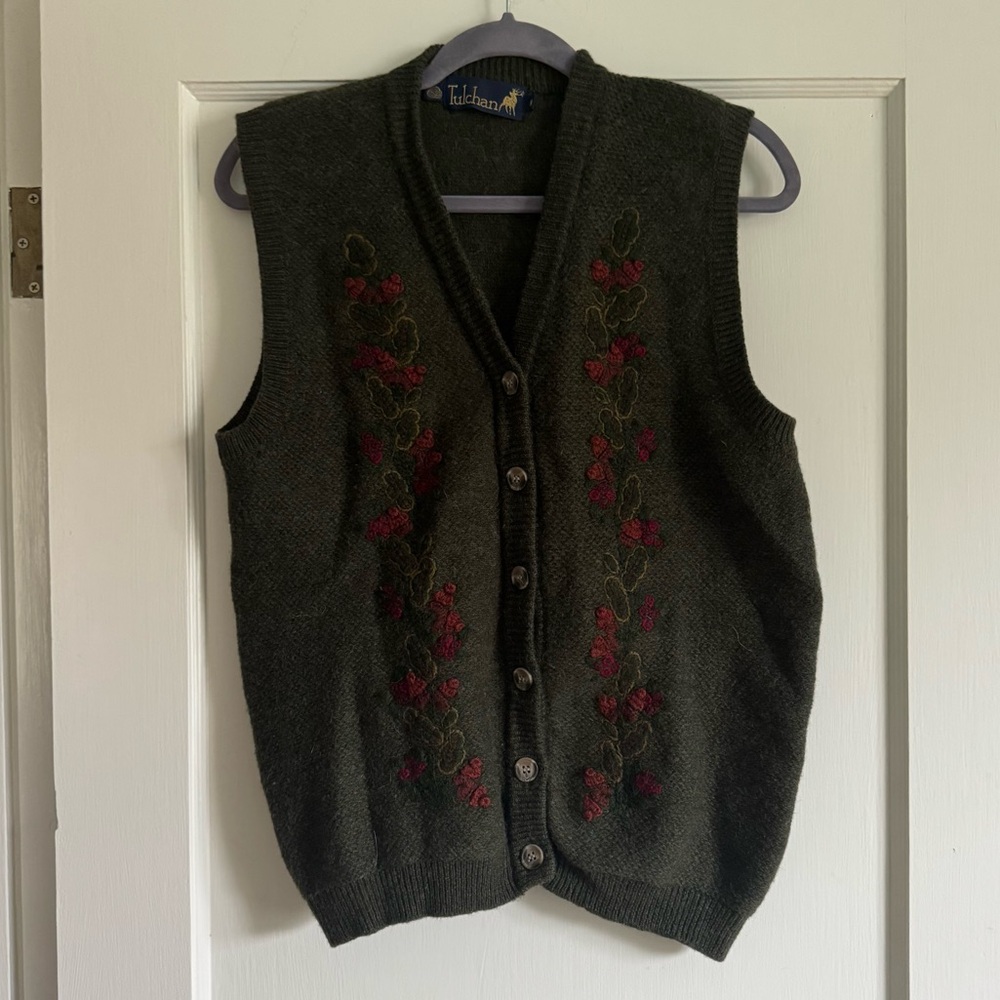 Dark Green Vintage Tulchan Wool Embellished Sweater Vest Medium